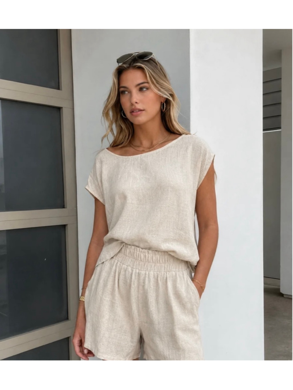 Commense High Waist Linen Blend Short Set Size S Neutral Minimalist Resort